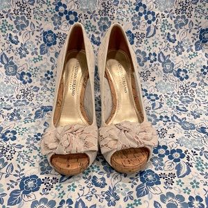 White lace peep toe heels, women 6.5